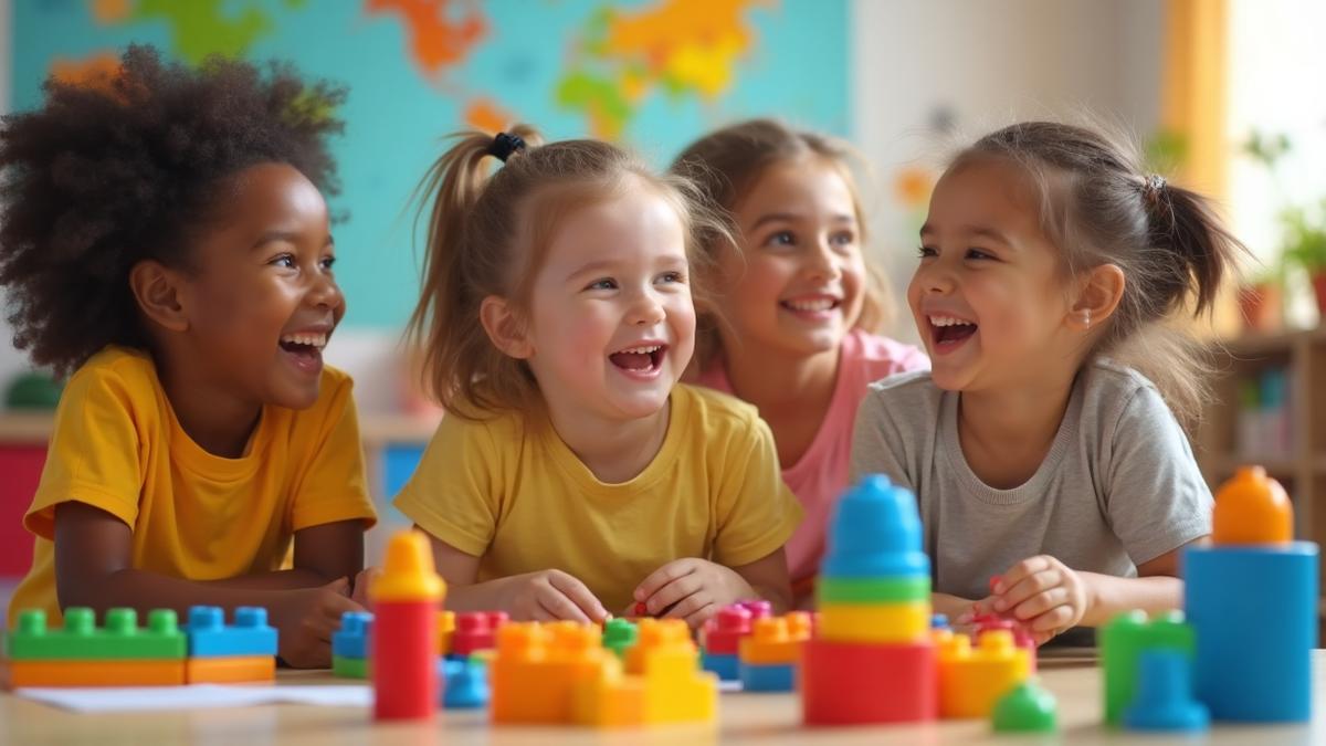 Happy children learning and playing in preschool